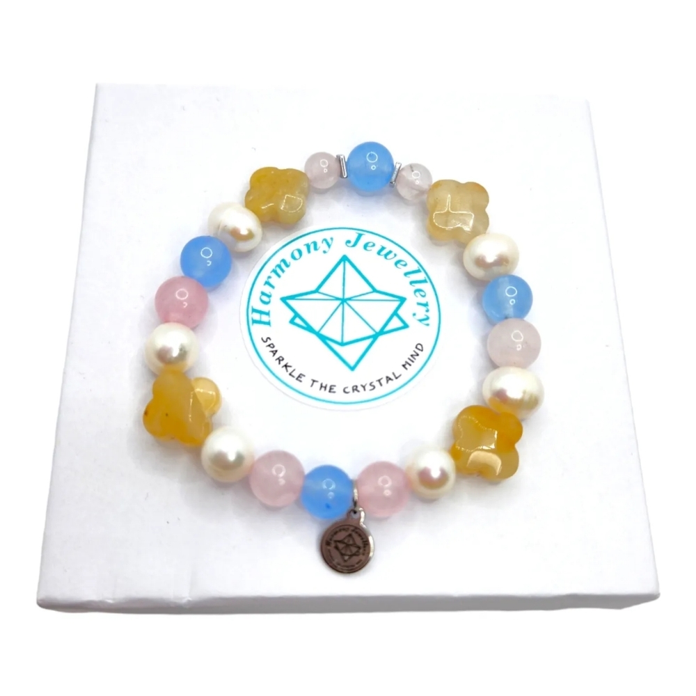 Yellow Jade, Freshwater Pearl, Rose Quartz, Aquamarine Quartz Bracelet